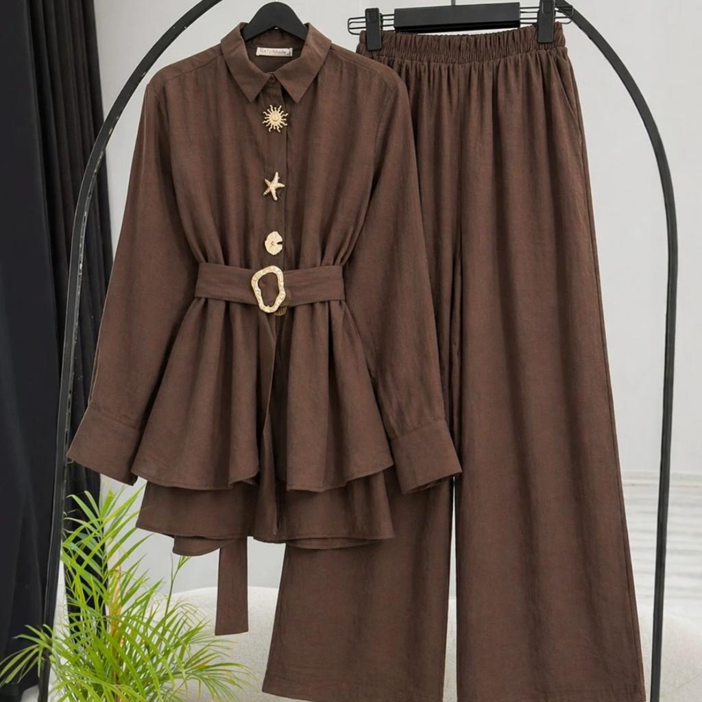 European and American Foreign Trade Women's Clothing Amazon Cross-border Spring and Autumn Long-sleeved Waist Belt Thin Top Wide-leg Trousers Set