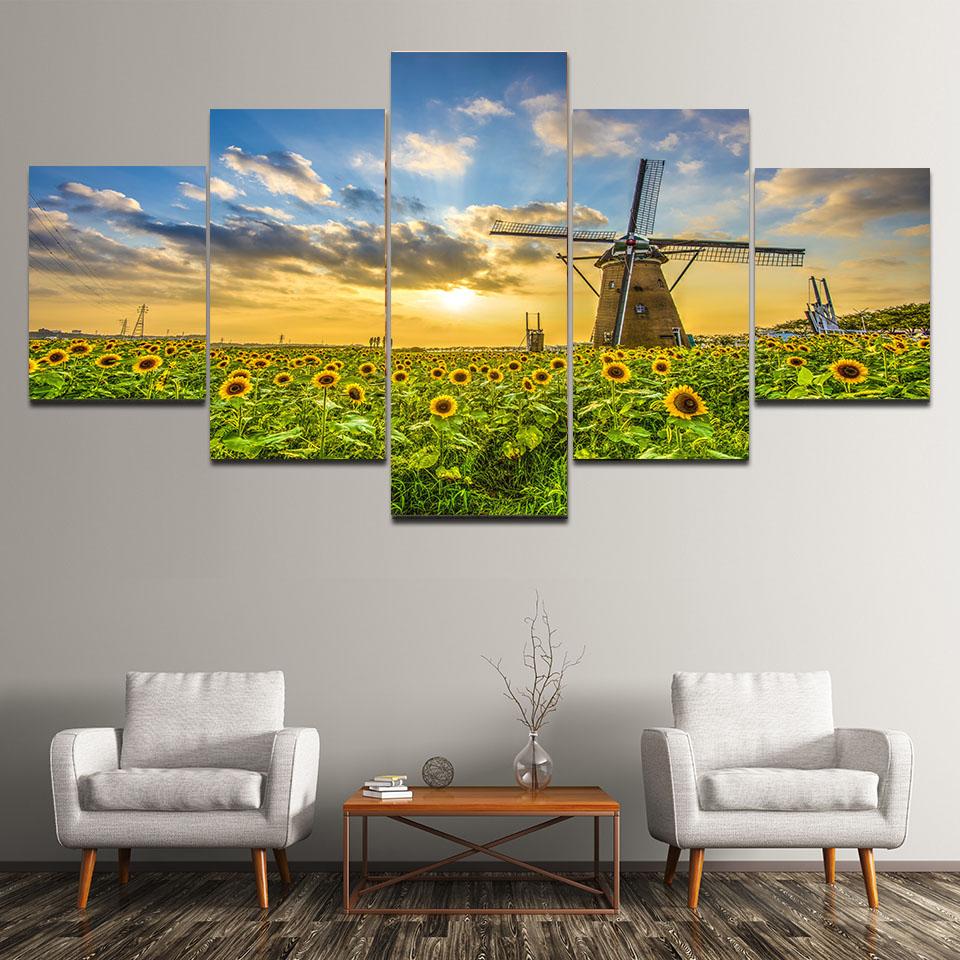 5 panouri peisaj floarea soarelui moară de vânt răsărit de soare pânză pictură postere și imprimeuri natură artă de perete poze decorațiuni interioare fără cadru