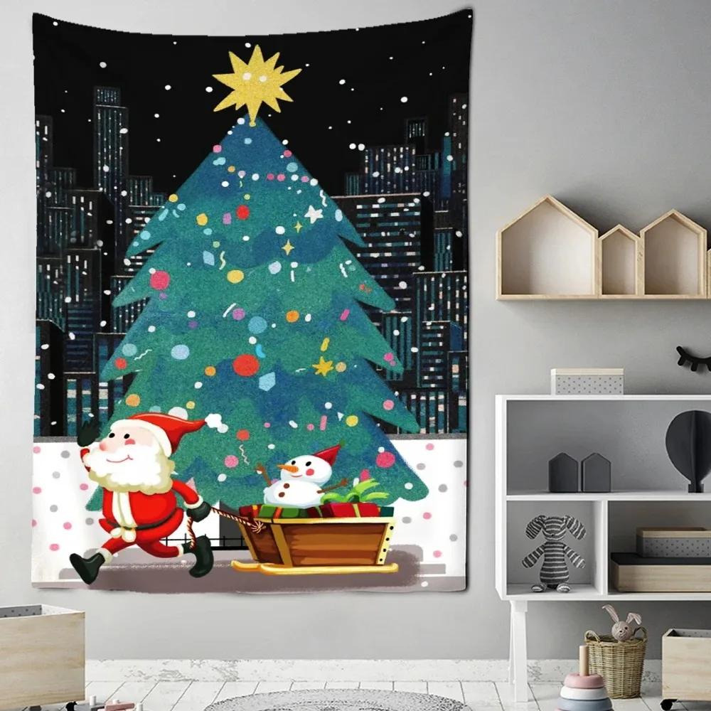 Cartoon Santa Claus Pattern Tapestry Home Bedroom Living Room Wall Decoration Christmas Theme Tapestry