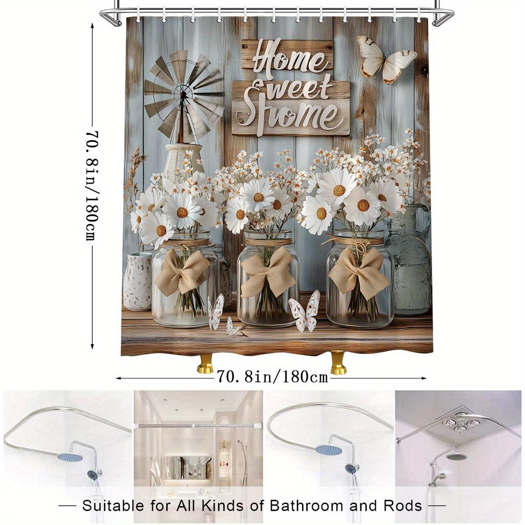 Rustic Floral Shower Curtain - Butterflies & Mason Jars With "Home Sweet Home" Design, Polyester Bathroom Decor