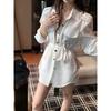 Elegant Old Qian Style Polo Collar Long Sleeves Shirt Women's Autumn Loose Cinched Blouse Niche Style White Mid-Length Tops