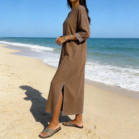 Women's Faux Denim Maxi Dress V Neck 46085 Sleeve Loose Long Dress