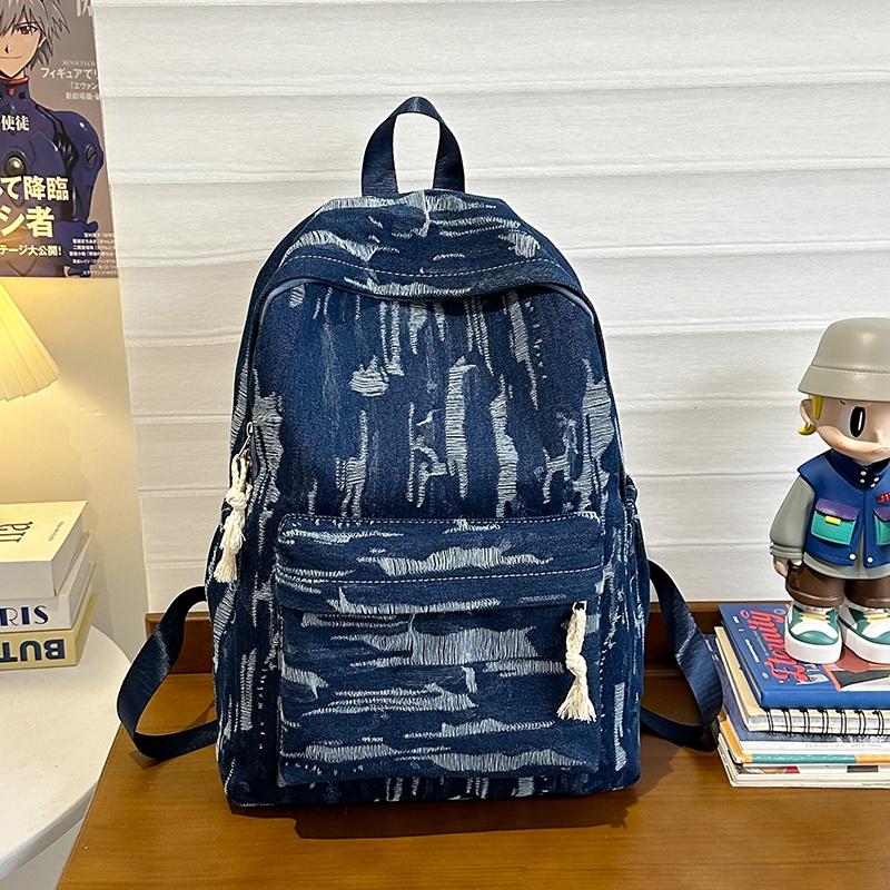 Denimryggsekk med stor kapasitet i collegestil, student-skolesekk, damereiseveske