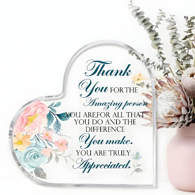 2D Flat, Heart-Shaped Acrylic Thank You Gift Desk Decor Plaque, Inspirational Message & Floral Thank You Card-like Design, Suitable for Wall Decoratio