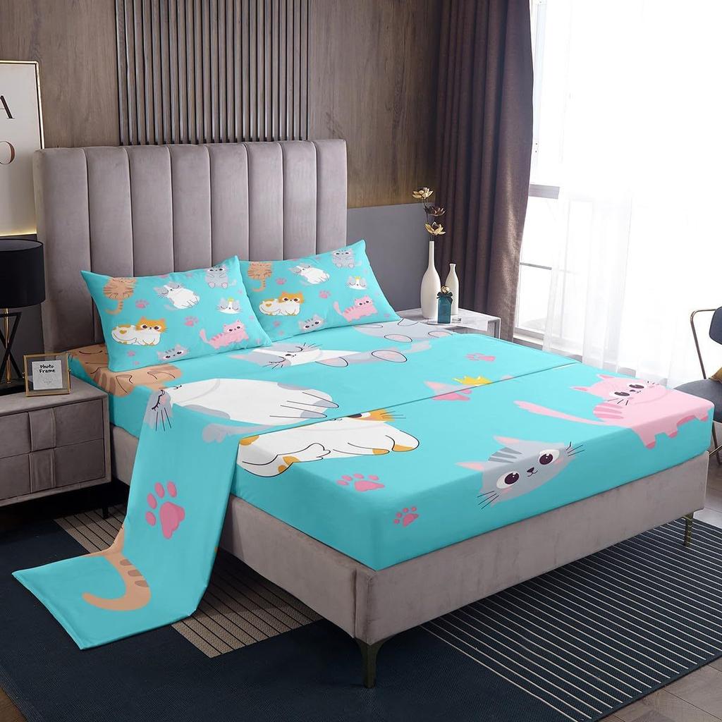 Cartoon Animal Cat Pattern Bed Hat Four-Piece Bedding Set Bedroom Dormitory Bedding Decoration