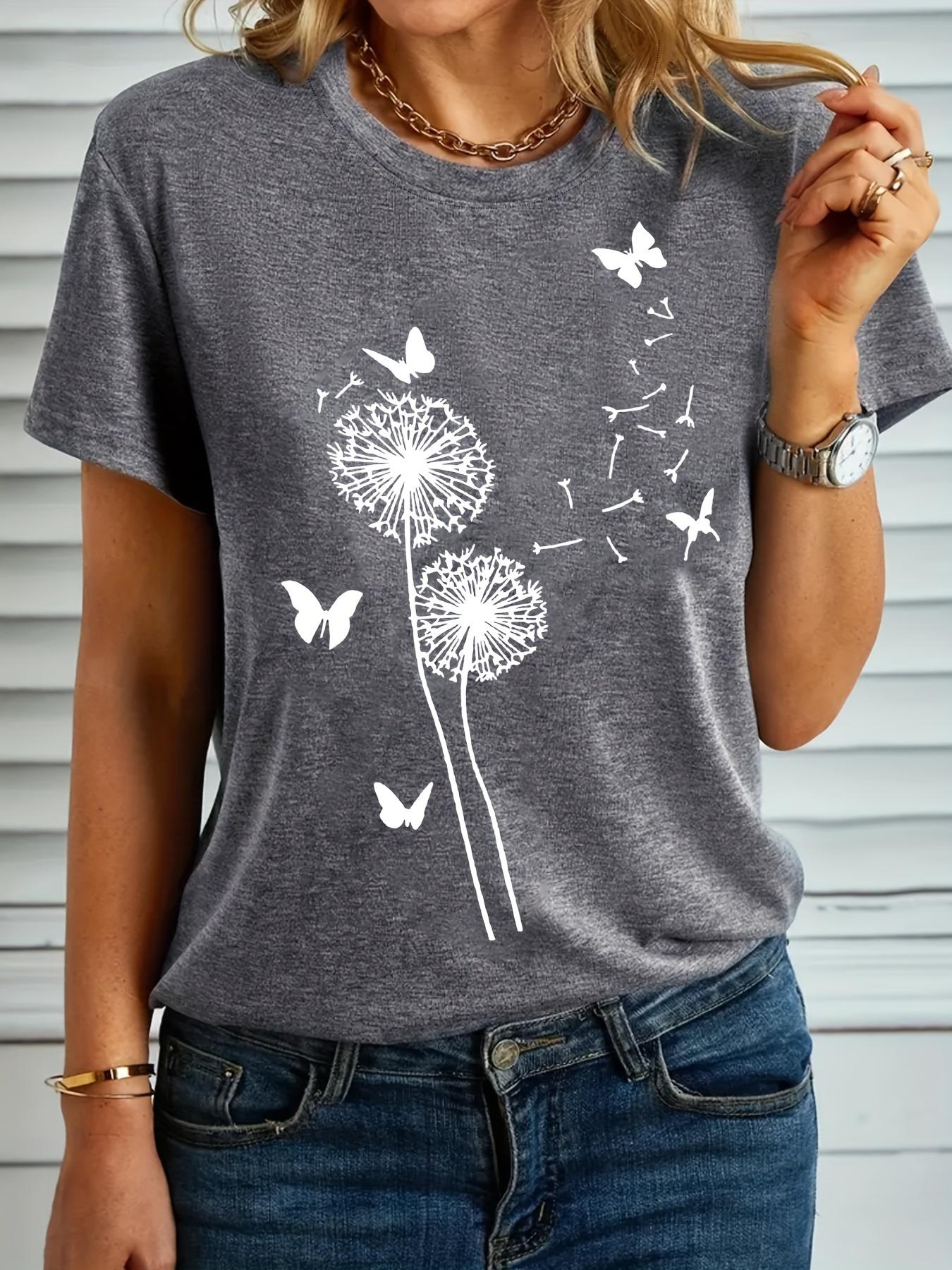 Plus Size Butterfly ; Plant Print T-shirt. Casual Short S M дубильная кора