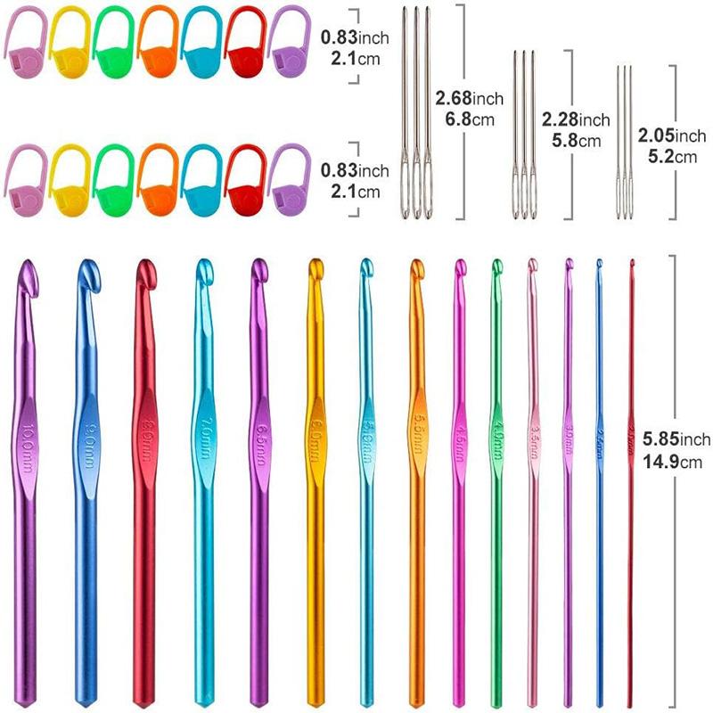 37Pcs Aluminum Crochet Hooks Set with 14Pcs Stitch Markers(Random Color) and 9Pcs Large-eye Blunt Needles Knitting Needles Kit