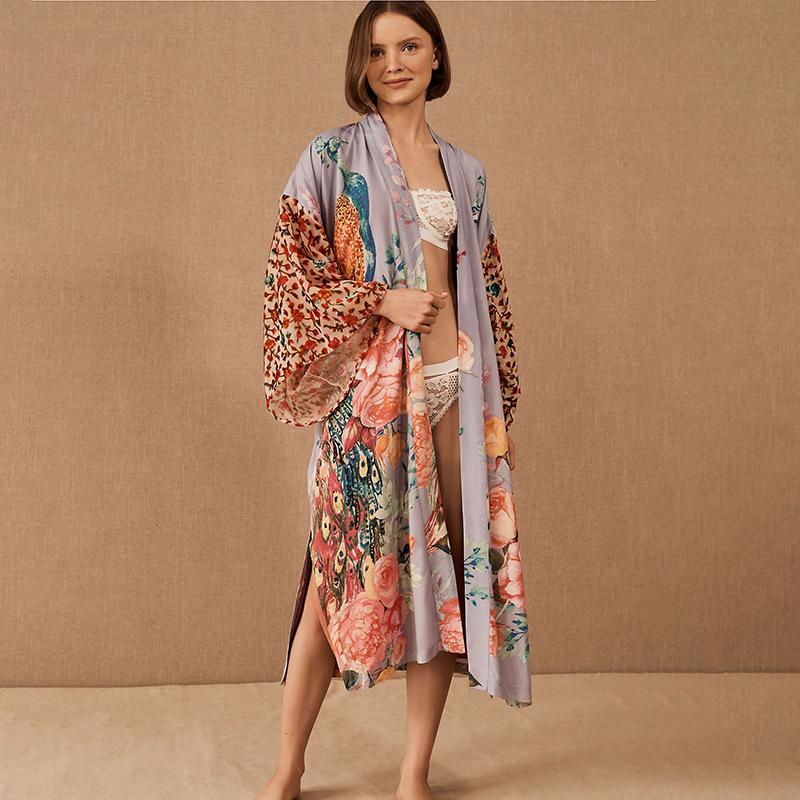 Beach Women Peocock Printed Swimsuit Cover Up Self Belted Wrap Dresses Seaside Bathing Suits Beachwear