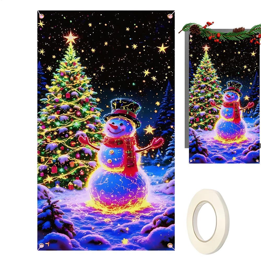 Christmas Door Banner 70x35 Inch Fluorescence Holiday Sign Christmas Front Door Decoration Cover For Porch Farmhouse Indoor