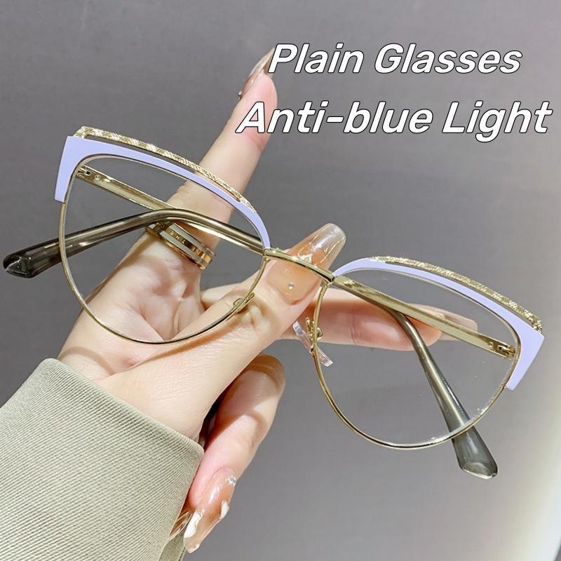 Women's Retro Cat-Eye Metal Frame Glasses Fashion Anti-Blue Light Eyewear Luxury Designer Brand Popular