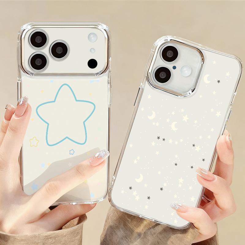 Modern Colorful Stars Pattern Case For iPhone 17 Pro Max Plating Lens Frame Clear Soft Cover For iPhone 16 15 14 13 Pro Max 11 16E 17E