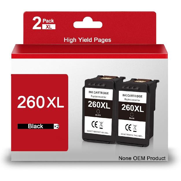 PG-260XL Black Ink Cartridge 2 Pack Replacement for Canon 260 XL PG-260 XL Black High Yield Ink Cartridge for Pixma TR7020 TR7022 TS6420 TS5300