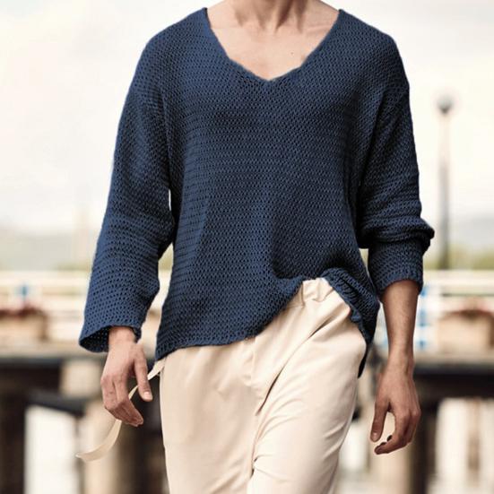 Men Sweater V Neck Easy To Match Breathable Elastic Comfortable Knit Long Sleeves Loose Pullover Fall Sweater Men Clothes