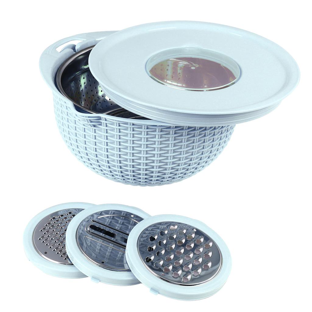 4 In 1 Colander Bowl with Slicing Tools Rotatable Strainer 2 Layer Stainless Steel Ergonomic Handle