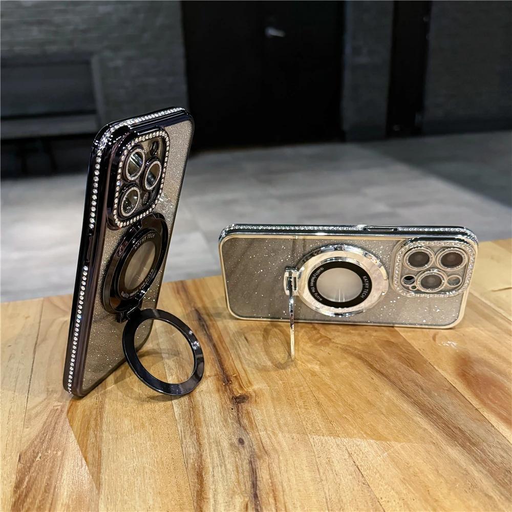 Luxury Soft Silicone Diamond Magsafe Case For iPhone 17 Air Magnetic Stand Holder Glitter For iPhone16 Plus 15 12 13 14 Pro Max Cover