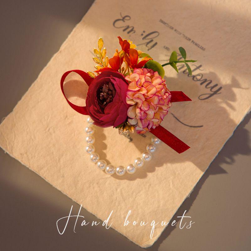 Vintage Forest Style Wedding Corsage & Boutonniere Set: Bride, Groom, Bridesmaid Pearl Wrist Corsage