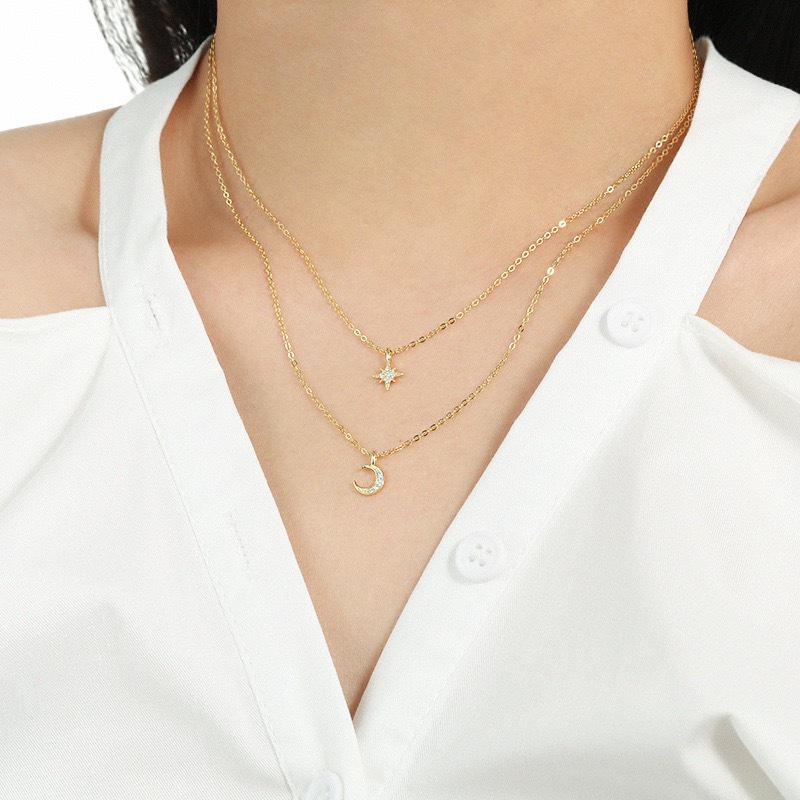S925 Sterling Silver Star Moon Hexagram Double Layer Necklace for Women - Trendy Collarbone Chain