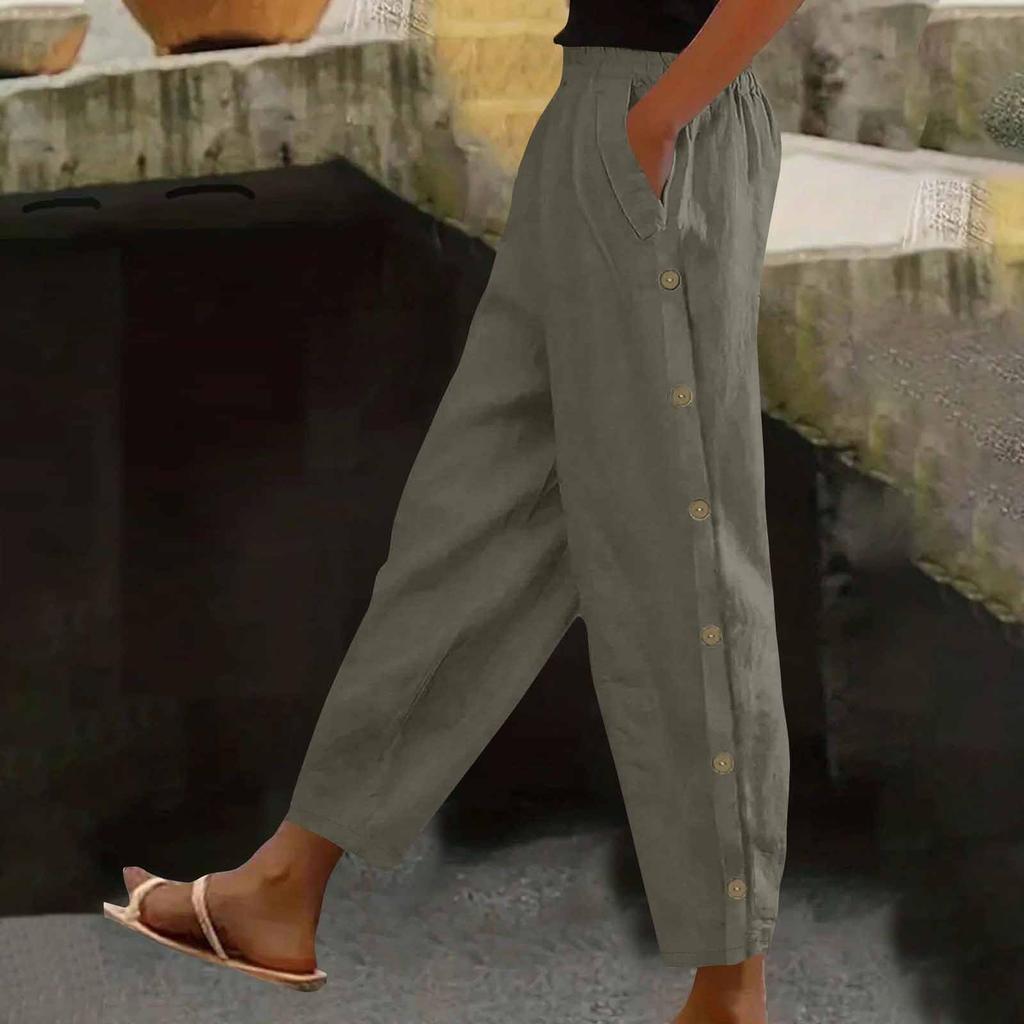 Women's Fashion Side-Button Pocket -Color Mid- Cotton-Linen Blend Relaxed-Fit Trousers