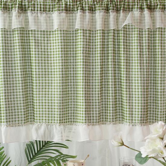 Karierter Kurzhang, Stangendurchzug oben, Ölrauch- und Staubschutzvorhang, rustikaler Vorhang für Küchen-Halbfenster und Schrankglasüren
