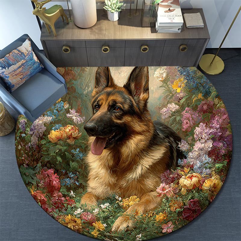 German Shepherd Round Area Rug,Carpet Rug for Living Room Bedroom Sofa Playroom Decor,Non-slip Floor Mat
