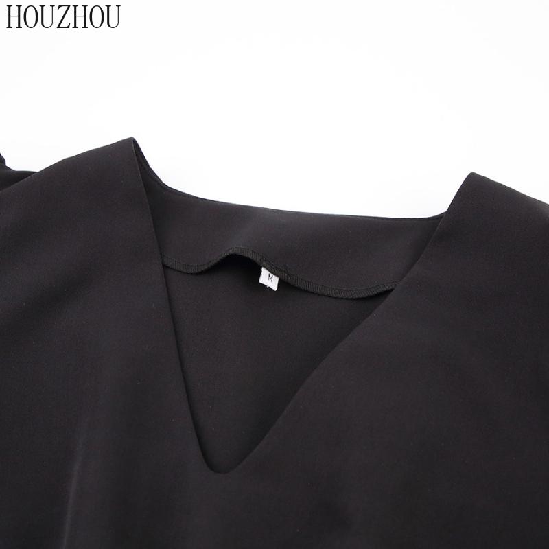 HOUZHOU Abito Nero Donna Scollo a V Vita Alta Classico Coreano Basic Elegante Maniche a Sbuffo Maniche Corte A-line Miniabito