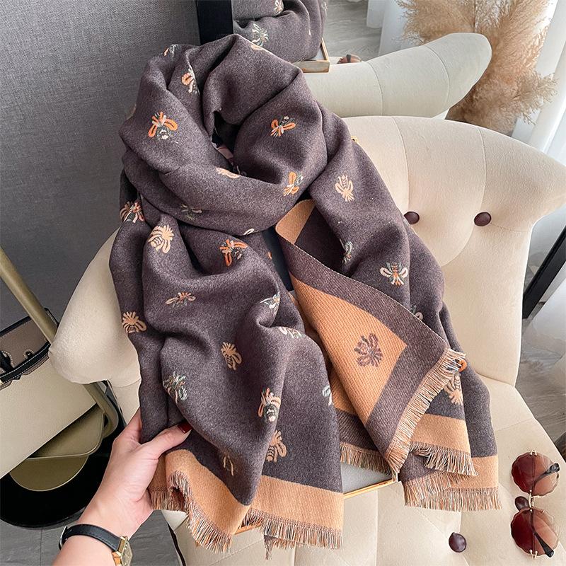 Fashion Light Luxury Little Bee Pattern Imitation Cashmere Scarf Korean Version Versatile Warm Shawl Thickened Outer Scarf