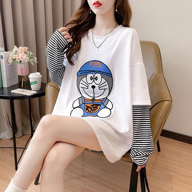 Spring Autumn O Neck Fashion Printing Striped Patchwork T-shirt Women Long Sleeve Loose Casual Bottomed Tee Top