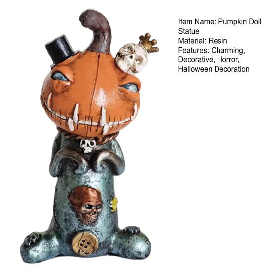 Halloween Pumpkin Doll Statue Horror Resin Pumpkin Skull Figurine for Home Office Table Shelf Mantel Decor