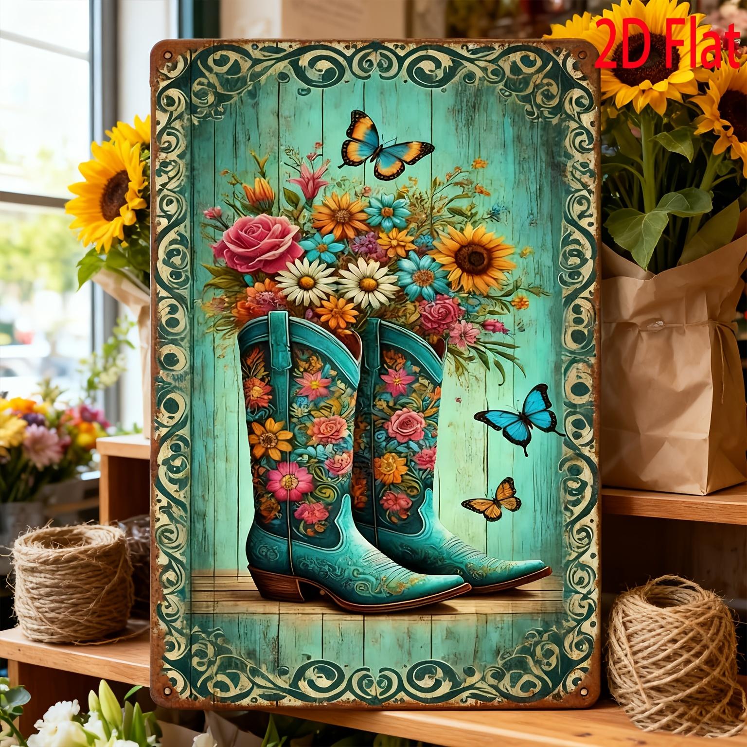

Vintage Turquoise Cowboy Boots with Wildflowers and Butterflies Metal Tin Sign Retro Western Floral Decorative Tin Plaque for Ho 20x30cm（7.8x11.8inch）