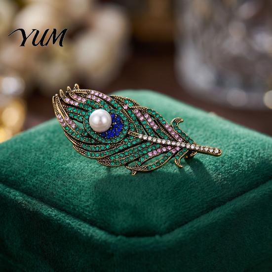 Retro Feather Jewelry Vintage Peacock Brooch, Faux Pearl Rhinstone Lapel Alloy Pin Pin, Clothing Accessories for Wedding Party Prom Metal