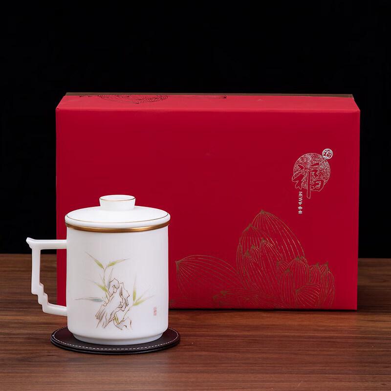 Teaxun Ceramic Suet Jade White Porcelain Office Tea Cup with Lid