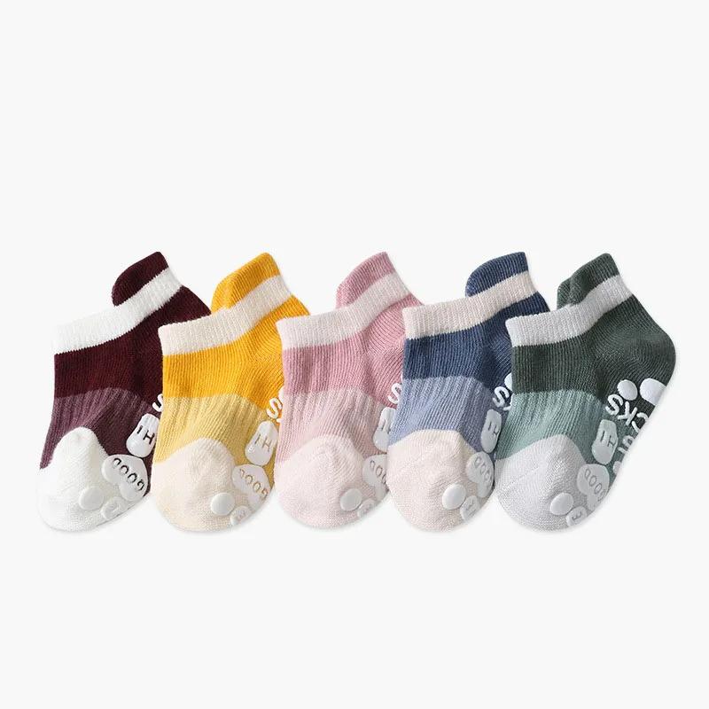 5 Pairs Infant Newborn Baby Anti-Slip Socks 5colored Bear Print Baby Girl Cotton Socks Solid Autumn Toddler Boys Knee Floor Sock