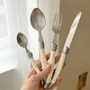 24Pcs Laguiole Cutlery Set Steak Knife Fork Soup Tea Spoon Ivory White Plastic Handle Food Grade Stainless Steel Dinnerware