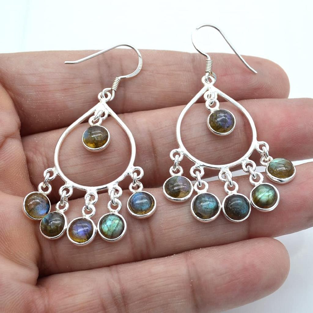 Natural Labradorite Earring-925 Sterling Silver Handmade Dangle Earrings Round Shape Silver Boho Handmade Drop & Dangle For Women