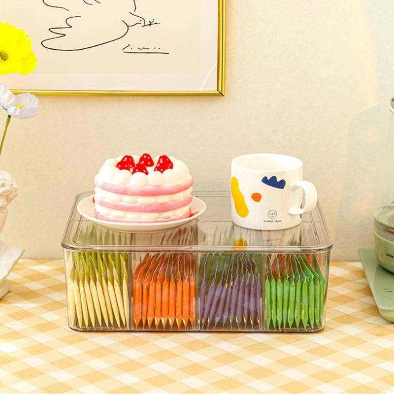 Acrylic Teas Bag Organizer with Lid for Drawer Clear Coffee Storage Box with Multiple Compartments Snacks Holder