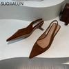 Fashion SUOJIALUN 2024 Autumn Women Sandal Shoes Fashion Pointed Toe Shallow Slip On Slingback Sandal Thin Med Heel Ladies Elegant Pumps