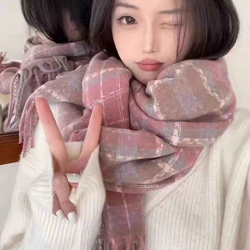 Korean Style Plaid Mohair Scarf - Women's Winter Imitation Cashmere Shawl