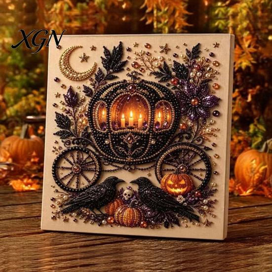 Interactive Parent Child Crafts Halloween Faux Pearl Art Kit, Pumpkin Ghost DIY Painting Theme Bead 3D Craft Set for Adults, Handmade Wall Stress