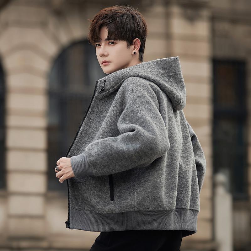 Light luxury hooded wool coat men's autumn thin double-sided wool jacket versatile casual wool jacket