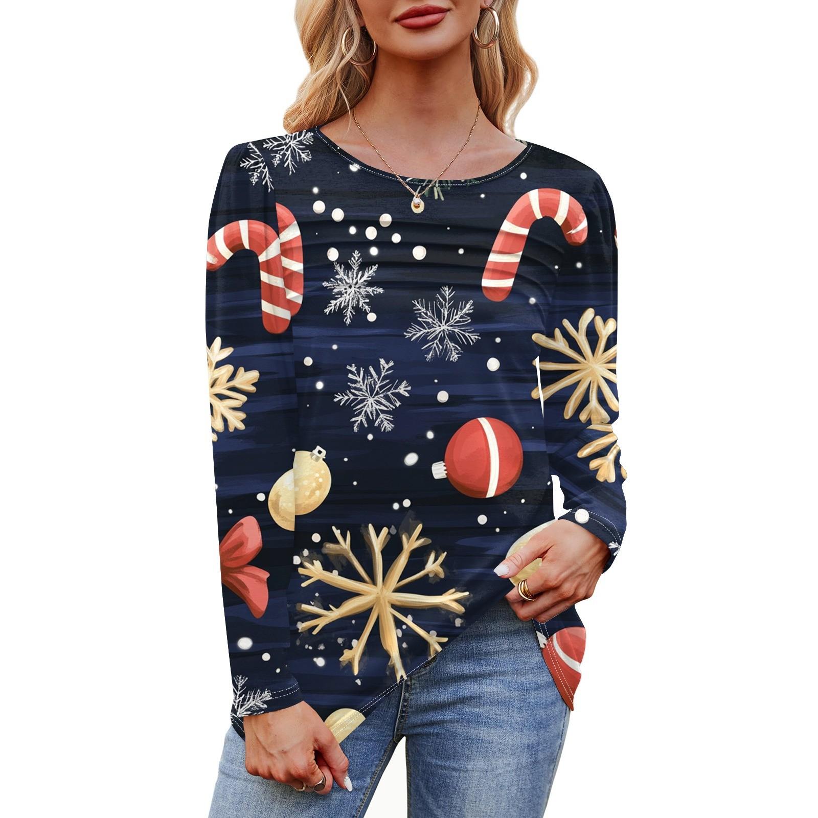 

Женская футболка с круглым вырезом и длинными рукавами с принтом рождественской елки и снежинки XL синий