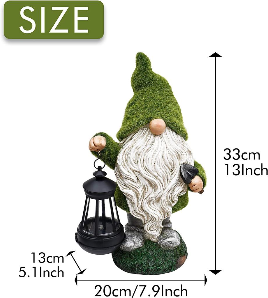 Flocked Garden Gnome Ornaments with Solar Powered Lights Lantern, Waterproof Resin Garden Statue Out