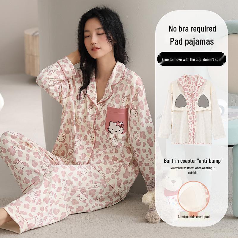 Women's Pure Cotton Pajama Set with Chest Pad, Long Sleeve Cardigan, and Lapel - Spring/Autumn 2025 Style.