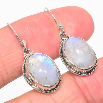 עגיל כסף סטרלינג מלא 925 בעבודת יד עם אבן ירח קשת בענן טבעית 1.25" V5G84
