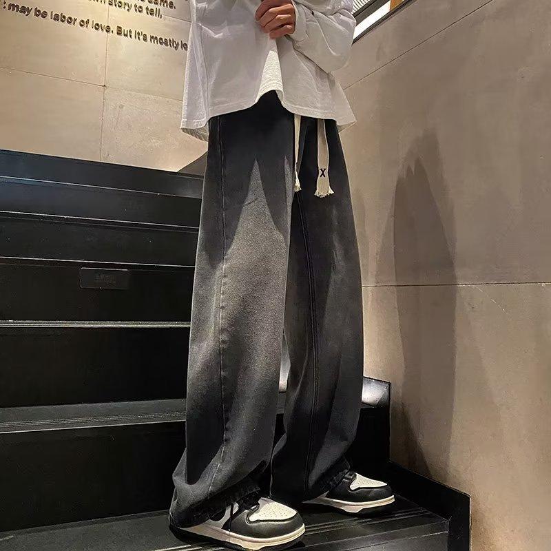 Thick Drawstring Jeans Spring and Autumn Tide Brand American Loose Straight Wide-leg Pants Retro High Street Casual Pants