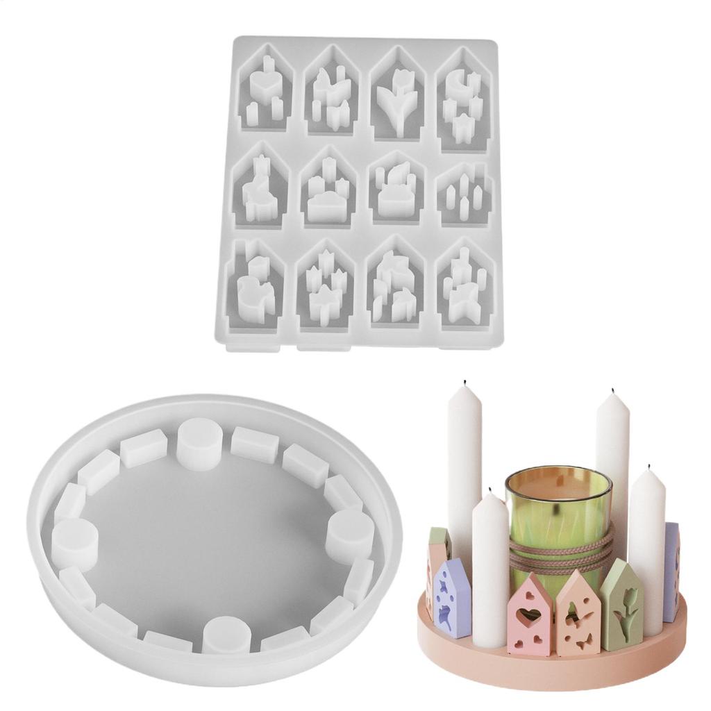 Silicone Christmas Advent wreath Resin Molds 12-Cavity with Base Non-Stick Christmas Houses Candlestick Mold DIY decorative mold