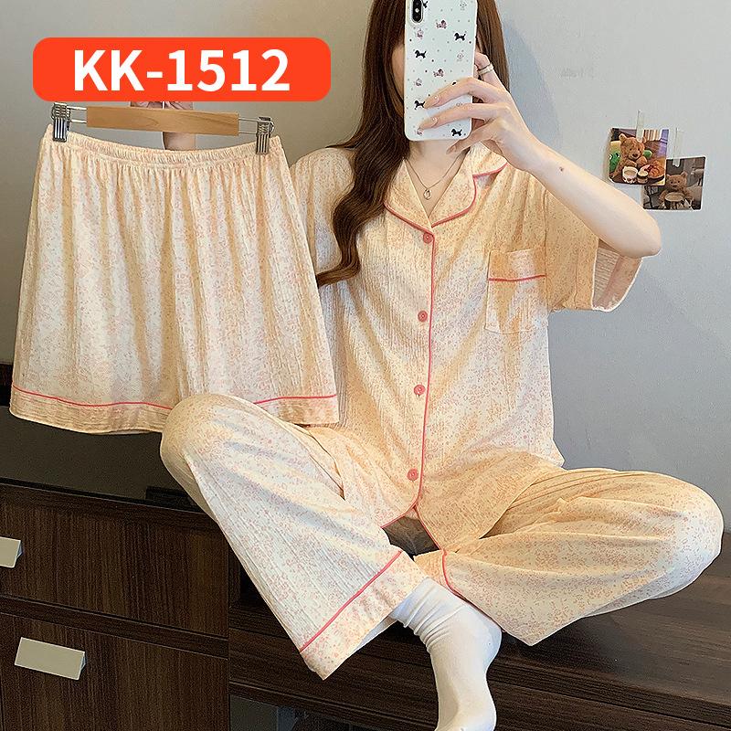 Retro Small Floral High-End Wrinkled Cloth Pajamas Women'S Summer Casual Homewear Short-Sleeved Three-Piece Set