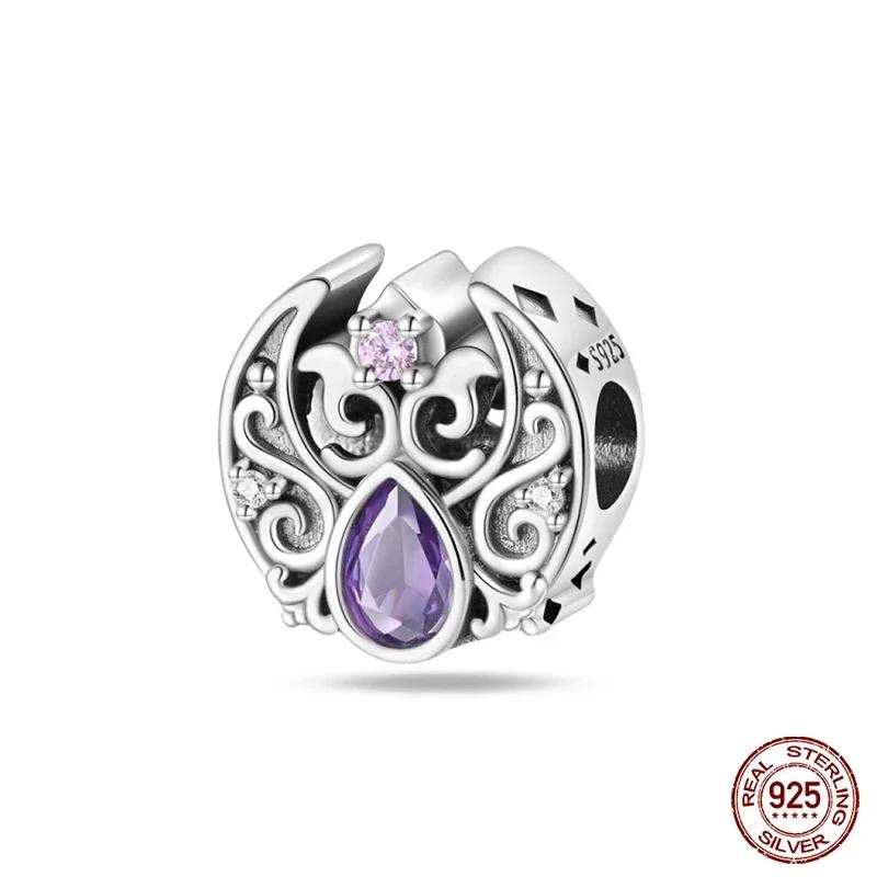 925 Silver Classic Purple Retro Heart Shape Lotus Angel Pattern Charms Beads Fit Necklace Bracelets Pendant DIY Jewelry
