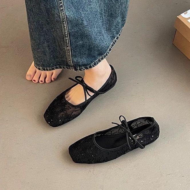 Große Feen-Einzel-Schuhe Frühling und Sommer Flach Netz Pailletten Spitze Atmungsaktiv Mary Jane Schuhe