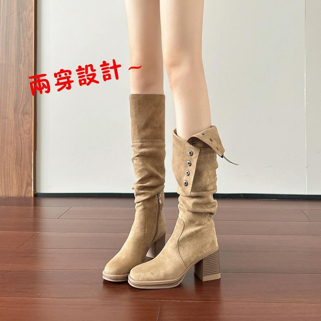 Cowhide version but knee boots women's autumn thin retro western thick heel knight boots medium tube stacking boots