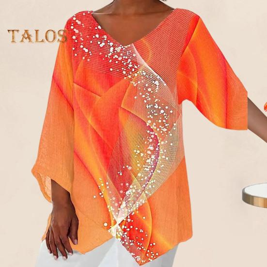 

Women Casual Shirt Sequined Starry Sky Print V-Neck T-Shirt V-Neck 3/4 Sleeves Irregular Hem Loose Fit Pullover Tops Streetwear